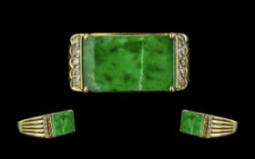 18ct Gold - Pleasing Jade and Diamond Set Dress Ring. Marked 18ct to Interior of Shank. The