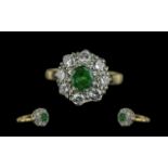 Ladies 18ct Gold and Platinum Diamond and Emerald Set Cluster Ring, Flower head Setting, Marked 18ct