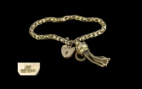 Antique Period Superior Quality Ladies 9ct Gold Bracelet with Heart Shaped Padlock and Tassel