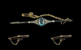 Art Nouveau Attractive 15ct Gold and Platinum Blue Sapphire and Diamond Set Stick Brooch, Marked