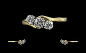 18ct Gold - Platinum 3 Stone Diamond Set Ring. Marked 18ct and Platinum to Interior of Shank. The