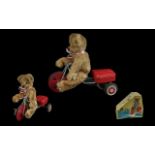 Friction Operated Teddy Bear Riding Tricycle, boxed, vintage, Teddy bear, riding a tricycle; all