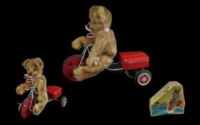 Friction Operated Teddy Bear Riding Tricycle, boxed, vintage, Teddy bear, riding a tricycle; all