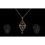 Antique Period 9ct Gold Amethyst Set Open Worked Pendant - With Attached 9ct Gold Chain. Chain &