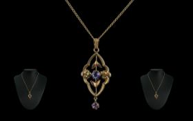 Antique Period 9ct Gold Amethyst Set Open Worked Pendant - With Attached 9ct Gold Chain. Chain &