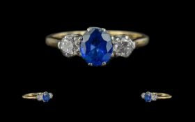 Ladies 18ct Gold And Platinum 3 Stone Diamond & Sapphire Set Dress Ring - Marked Platinum and