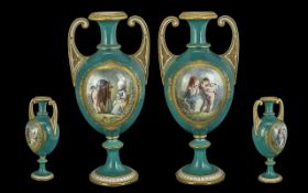 Copeland - Very Fine Pair of Impressive 19th Century Porcelain Hand Painted Twin Handle Vases.