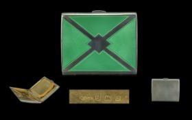 Art Deco Period Good Quality Green Enamel and Silver Cigarette Case of rectangular form,
