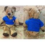 Vintage 'Busy Bear' Teddy Bear, soft plush mohair fabric, wearing a blue sweater, measures 17''