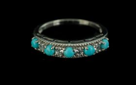 Turquoise and Zircon Half Eternity Ring comprising five round cabochons of clean turquoise