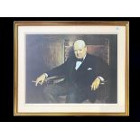 Large Framed Print of Winston Churchill, depicting the great man smoking a cigar. Mounted, framed