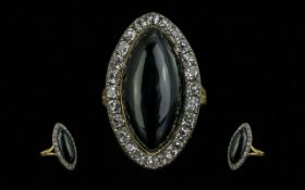 Early Victorian Period - Superb 18ct Gold Black Stone and Diamond Set Statement Ring. The Boat
