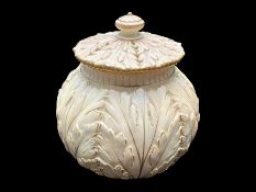 Royal Worcester Blush Ivory Lidded Vase - Decorated With Leaf Design and Gold Coloured Edging.