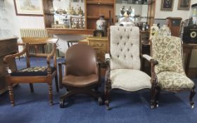 A Collection of Four Odd Chairs to include a Victorian walnut nursing chair, a Victorian mahogany