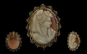 Fine Quality Large Shell Cameo Brooch - Pendant, Within a Quality Open worked 9ct Gold Mount. Not