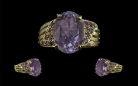 Ladies Attractive 9ct Gold Amethyst Set Dress Ring - Full Hallmark to Shank. The Central Large
