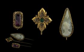 Antique Period - FIne Trio of 15ct & 18ct Gem Set Stick Brooches. Features A Georgian 18ct Gold