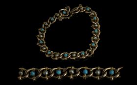 Victorian Period - Attractive 9ct Gold Turquoise and Seed Pearl Set Ornate Bracelet. Marked 9ct.