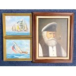 Three Oil Paintings, one of a sailor measures 16'' x 12'' signed to bottom left, framed, and two