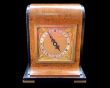 Elliott of London Mantle Clock, Art Deco Style, gold coloured dial, Roman numerals, key wind. Raised