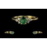 Ladies Petite 18ct Gold Emerald and Diamond Set Dress Ring. Full Hallmark for 750 - 18ct to Interior