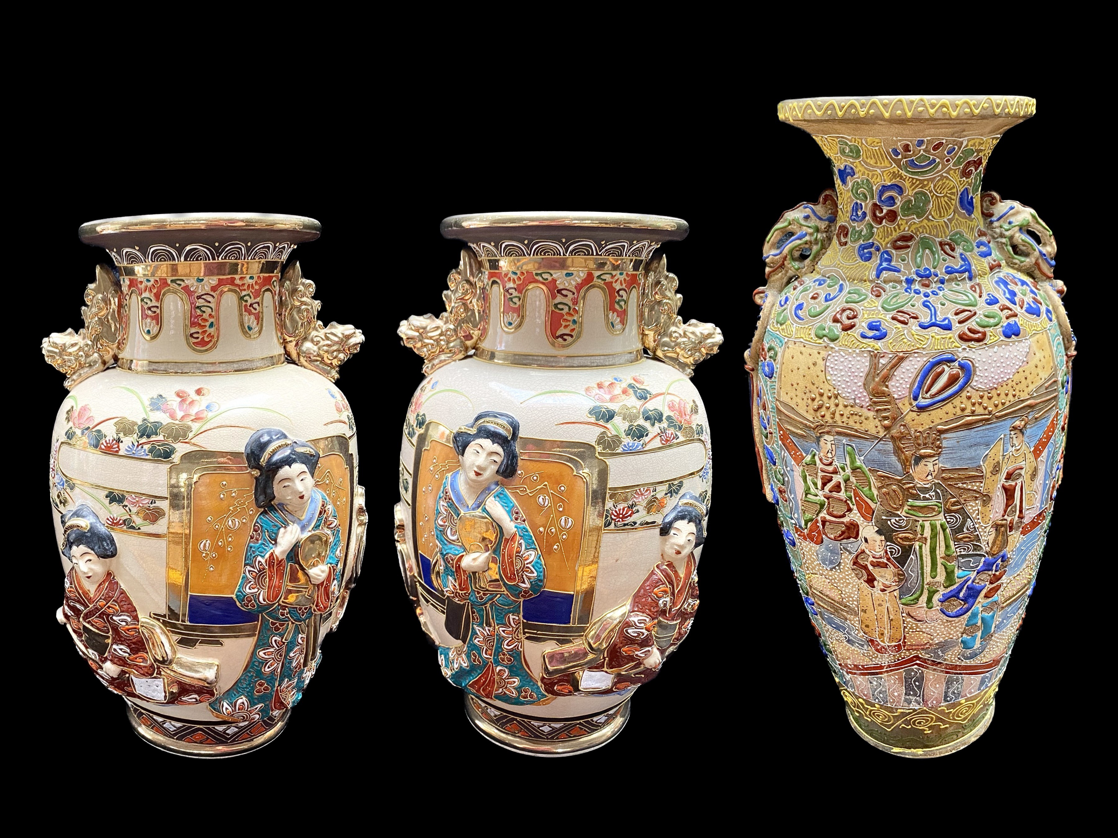 Three Oriental Tall Vases, comprising a pair of Japanese vases 13'' tall, decorated with Japanese