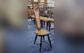 Vintage Spinning Stool, tall slim back rest decorated with winged dragon, with a heart shaped cut
