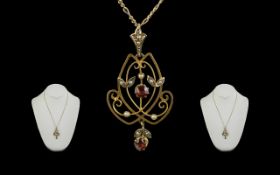 Victorian Period 1837 - 1901 9ct Gold Open Worked Ornate Gem Set Pendant - With Attached 9ct Gold