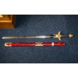 Decorative Oriental Fantasy Display Sword in red case, with gold handle. Measures 35'' length.
