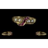 Antique Period - Attractive 18ct Gold Ruby and Seed Pearl Set Ladies Dress Ring. Full Hallmark to