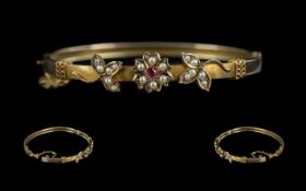 Victorian Period 1837 - 1901 Ladies 9ct Gold Hinged Bangle Set with Ruby and Pearls Flower head