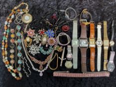 Collection of Costume Jewellery, comprising necklaces, beads, jet, bracelets, watches, brooches,