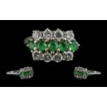 18ct White Gold Attractive 3 Row Diamond and Emerald Set Ring. Pleasing Design / Nice Quality.