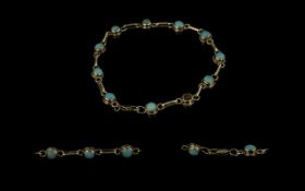 Antique Period Ladies 9ct Gold - Attractive Turquoise Stone Set Bracelet with Lobster Claw Clasp.