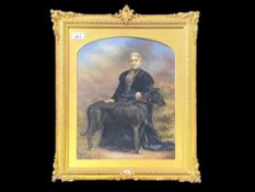 Antique Oil Painting of a Lady in Black, with her large black wolfhound. Mounted, framed and glazed,