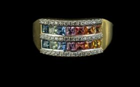 Multicolour Sapphire Half Eternity Ring, two rows of 'fancy' sapphires, the colours and shades of