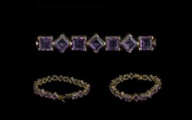 Ladies Attractive 9ct Gold Amethyst Set Bracelet - marked 9.375. The well matched amethyst of