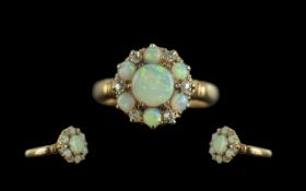 Ladies Superb Antique Period 18ct Gold Opal and Diamond Set Ring, Flower head Setting. Hallmark