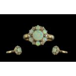 Ladies Superb Antique Period 18ct Gold Opal and Diamond Set Ring, Flower head Setting. Hallmark