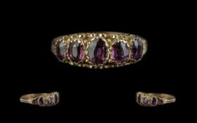Edwardian Period 1902 - 1910 Ladies 9ct Gold Attractive 5 Stone Amethyst Set Ring, Ornate Setting.