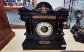 19th Century Black Slate Architectual Clock, cream chapter dial with Arabic numerals, between four