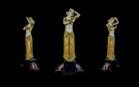 Art Deco Style Hand Decorated Resign Figure. Depicts Female In Dancing Pose, Raised on a Stylish