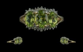 Ladies 9ct Gold Attractive Peridot and Diamond Set Ring. Full Hallmark to Shank. The 3 Faceted