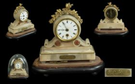 Alabaster French Mantle Clock, housed in glass dome, with gilt motif of birds in a nest. Plaque to