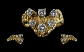 18ct Gold Good Quality Six Stone Diamond Set Ring. Shield Design with Naturalistic Shank. Full