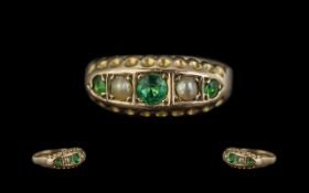 Edwardian Period 1902 - 1910 Attractive 9ct Gold Seed Pearl and Emerald Set Dress Ring. Full