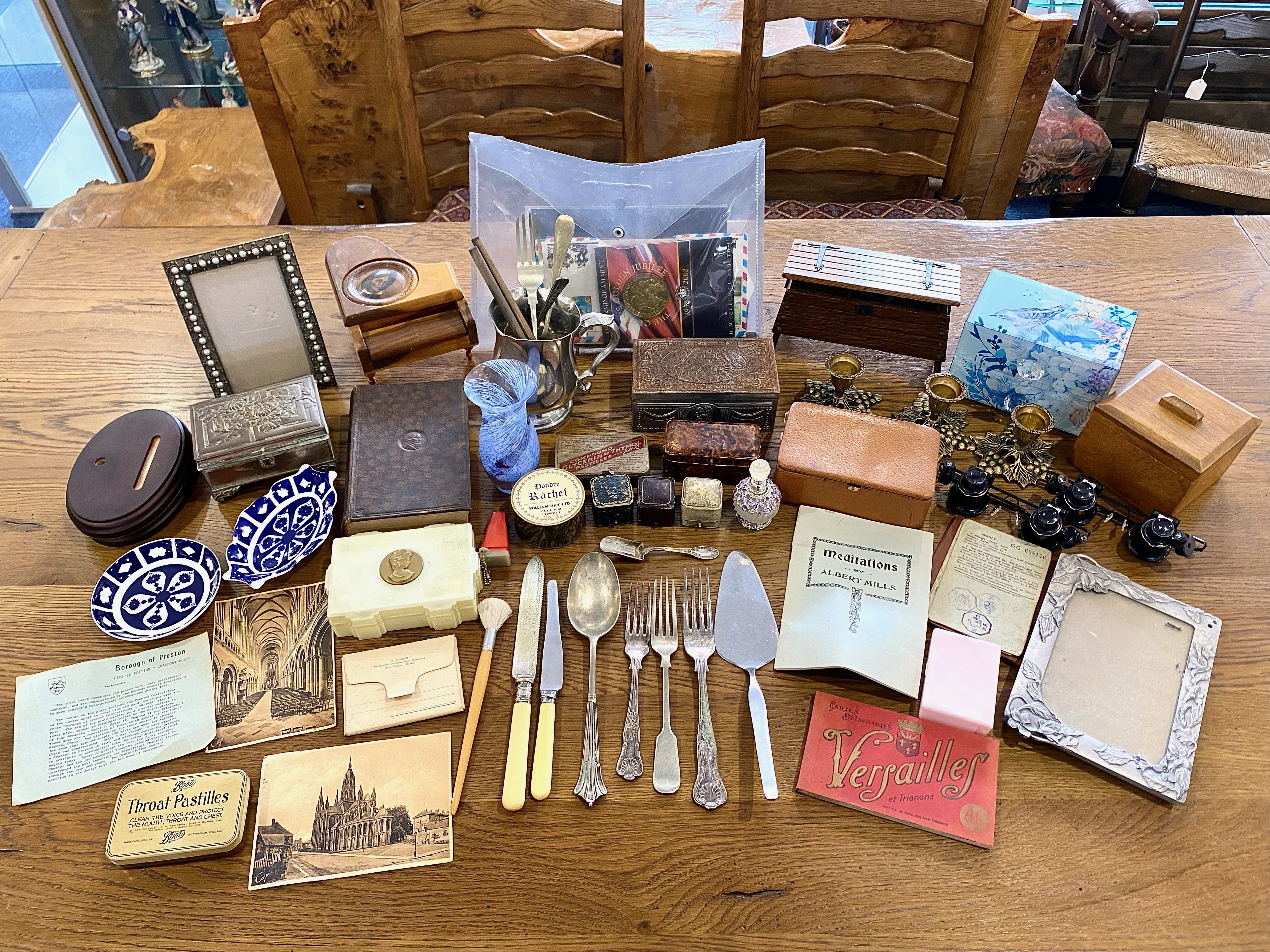 Large Box of Collectibles, including boxes, jewellery boxes, vases, pots, coins and stamps,