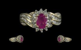 Macy's 10ct Ruby & Diamond Set Dress Ring, central Ruby surrounded by round cut diamonds. Marked