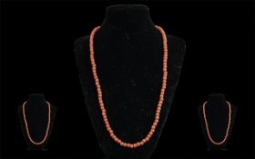 Early 20th Century Fine Coral Beaded Necklace of Excellent Colour c.1920's. Length 20 Inches - 50