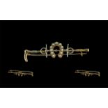 Antique Period Attractive 15ct Gold Brooch - In The Form of a Riding Crop with Pearl Set Horse